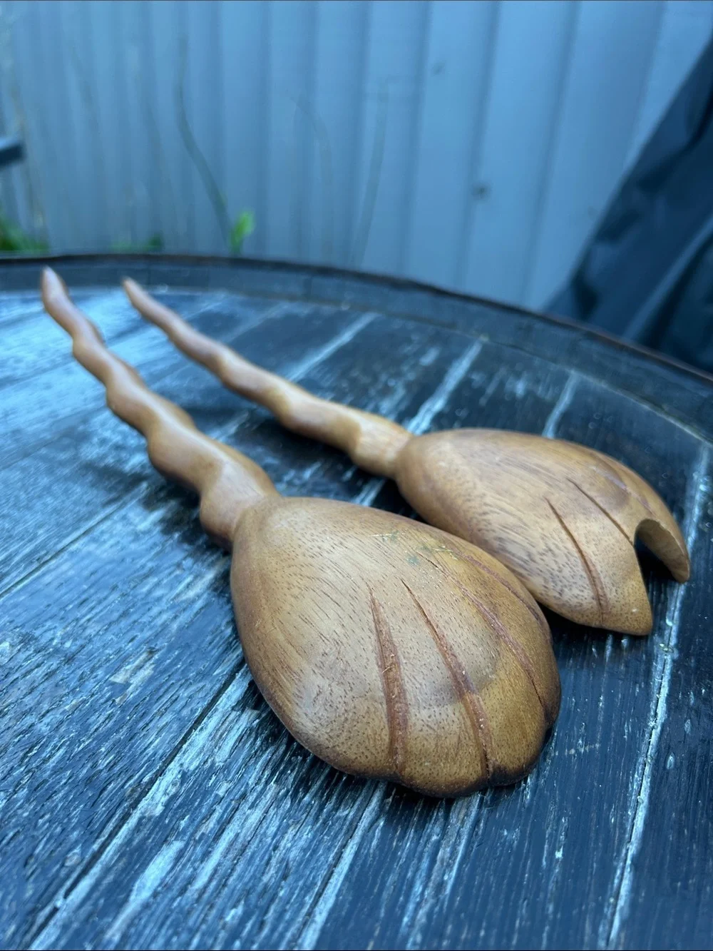 Vintage hand-carved wooden salad server Fork & Spoon set